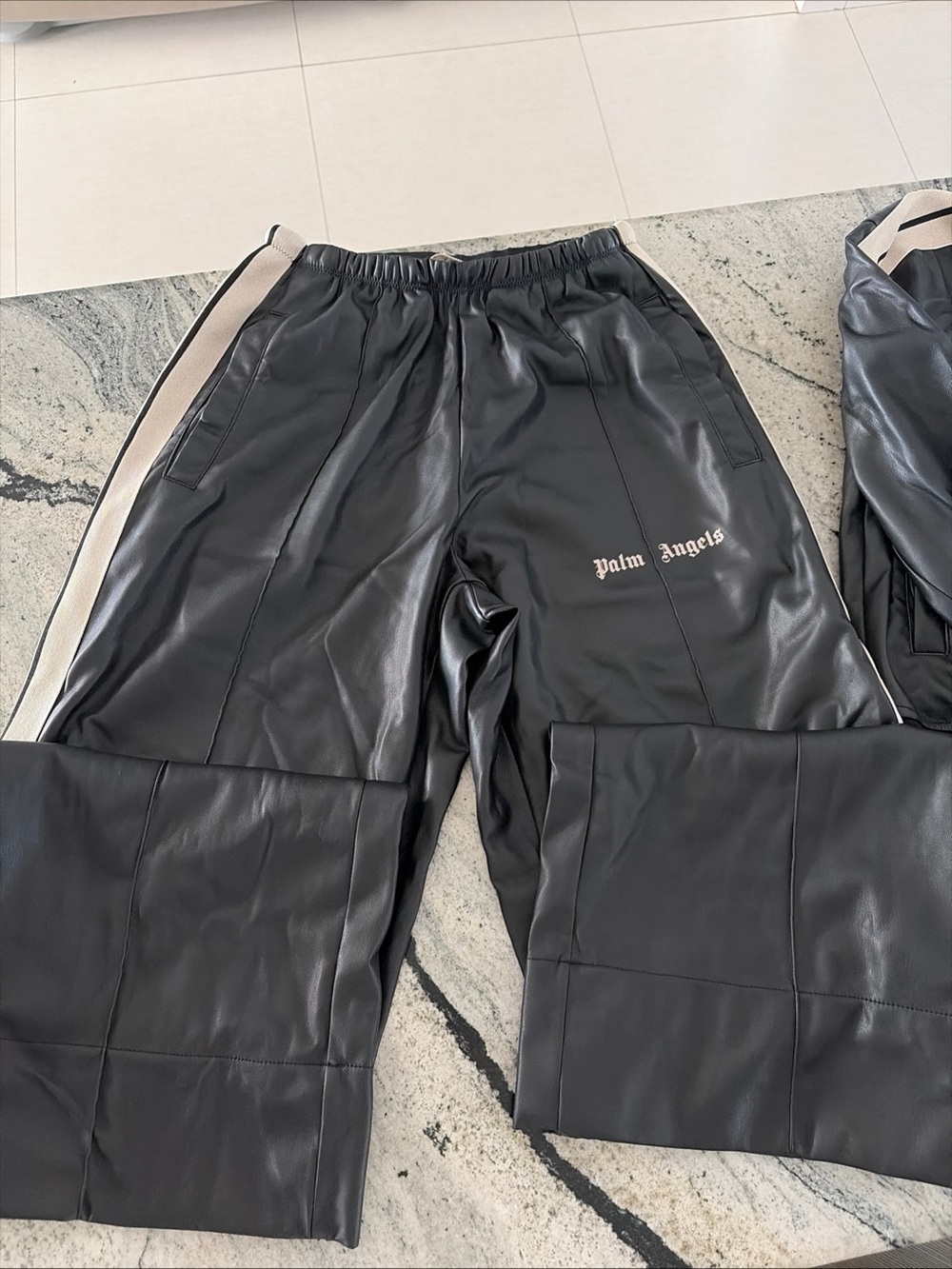 Palm Angels Black Faux Leather Track Pants with Cream Side Stripes